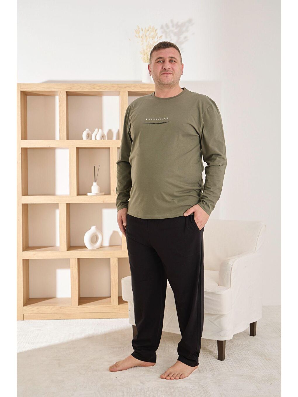 Haki Erkek %100 Pamuk Uzun Kollu Baskılı Battal Kaliteli Rahat Pijama Takımı