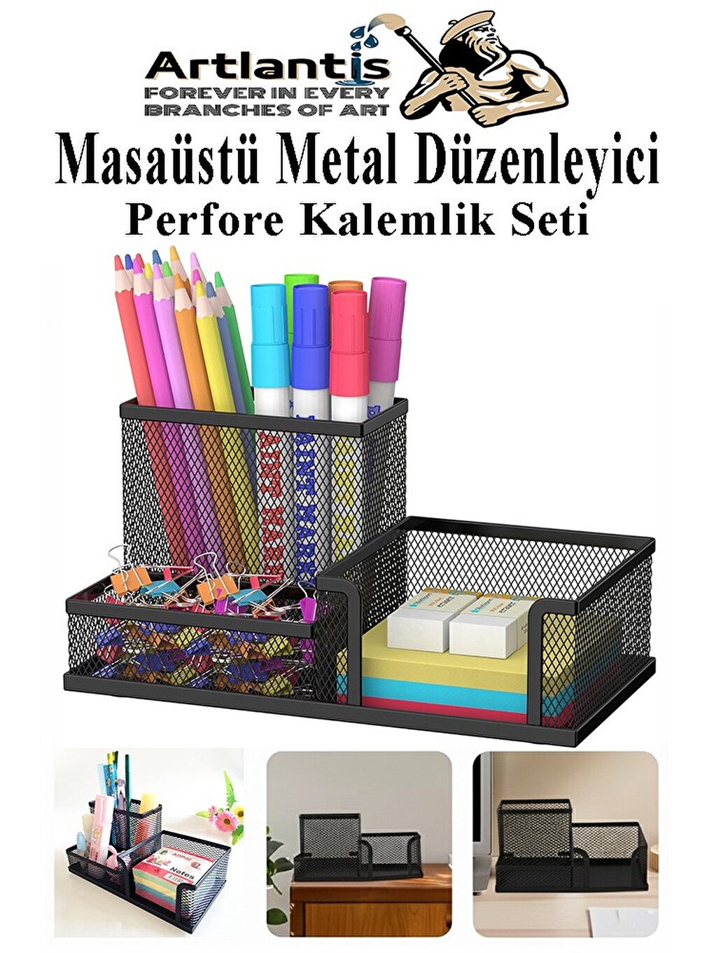 Masaüstü Metal Kalemlik Seti 3 Lü Kombo 1 Paket Fileli Perfore Pastel Renkli Kalemlik Kağıtlık Küpno