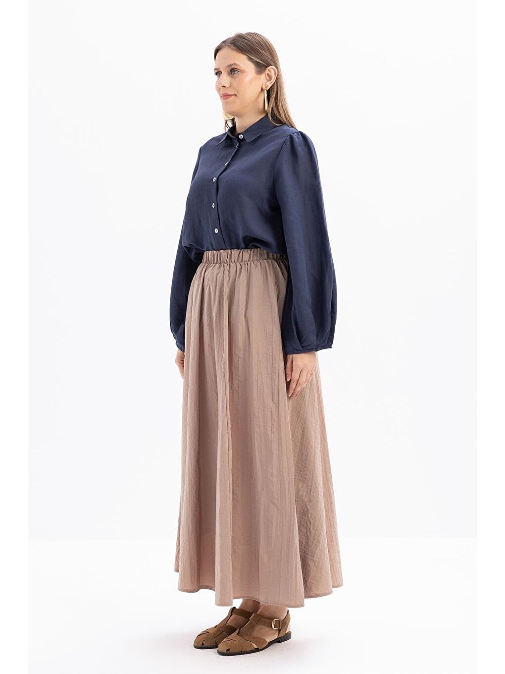 Bej Vizon-Kraşlı Beli Lastikli Kloş Etek-2