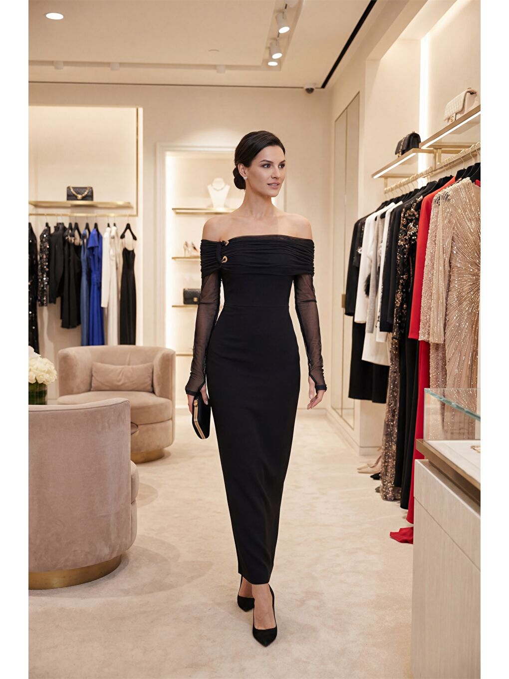 Kadın Siyah Yakası Aksesuar Detay Maxi Elbise-3