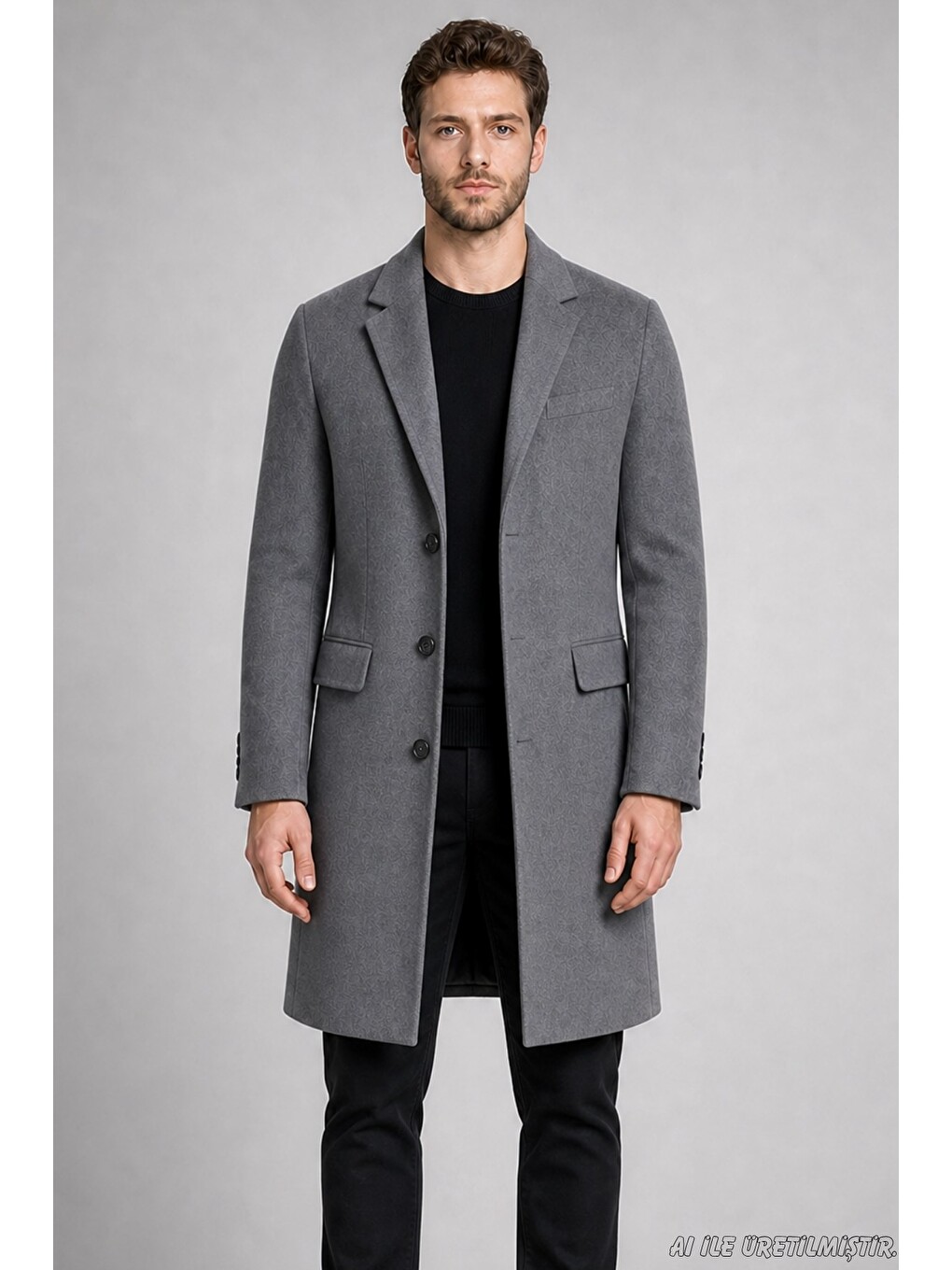 Antrasit Erkek Slim Fit Klasik Yaka 3 Düğmeli Uzun Kaşe Kaban-1