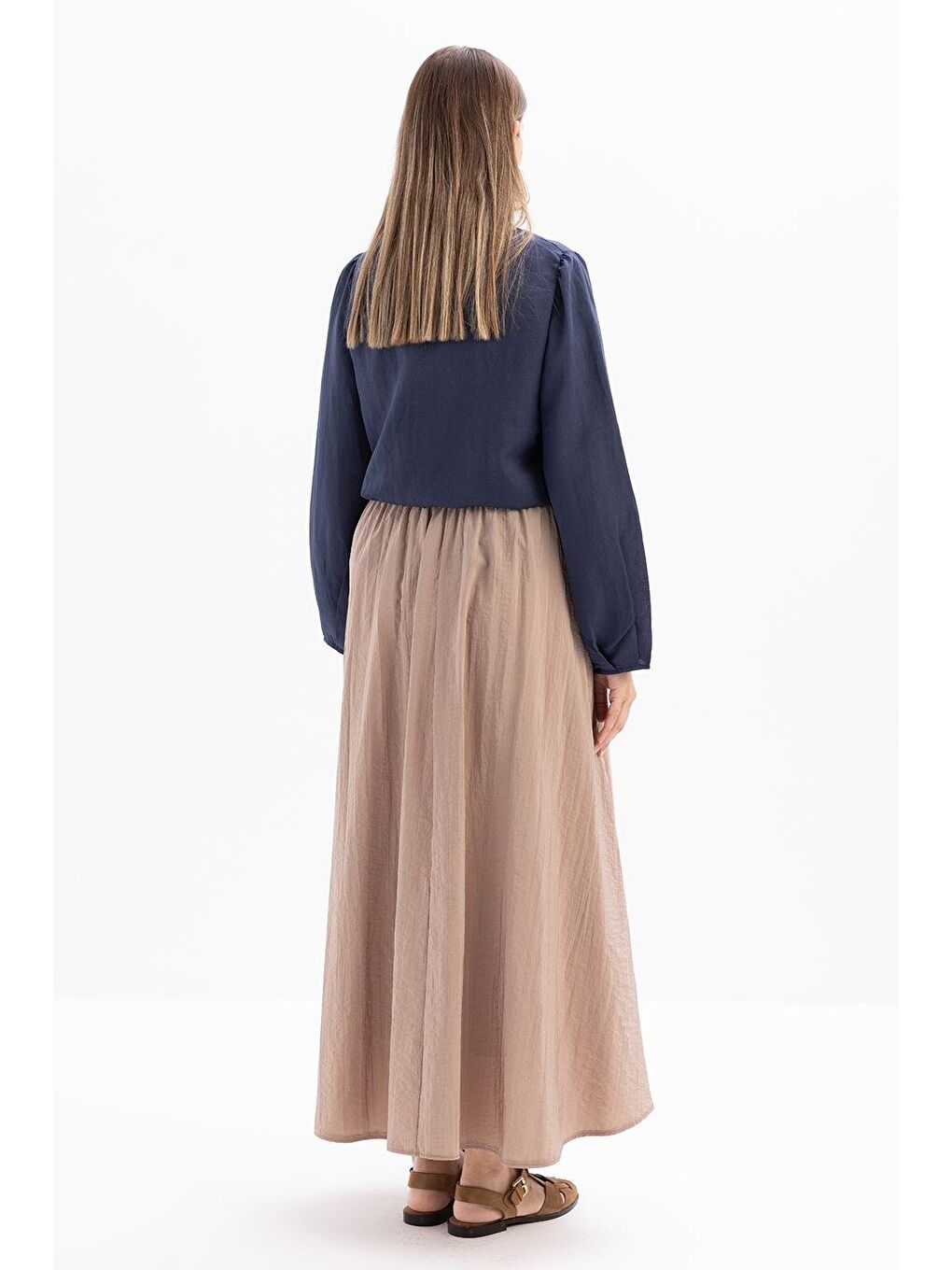 Bej Vizon-Kraşlı Beli Lastikli Kloş Etek-3