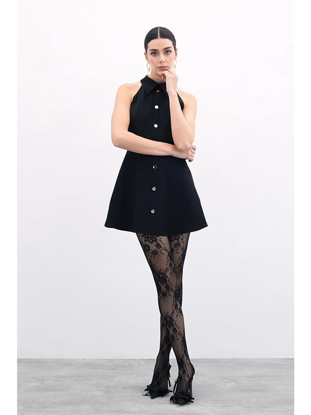 Çıtçıtlı Kısa Elbise - Siyah-1