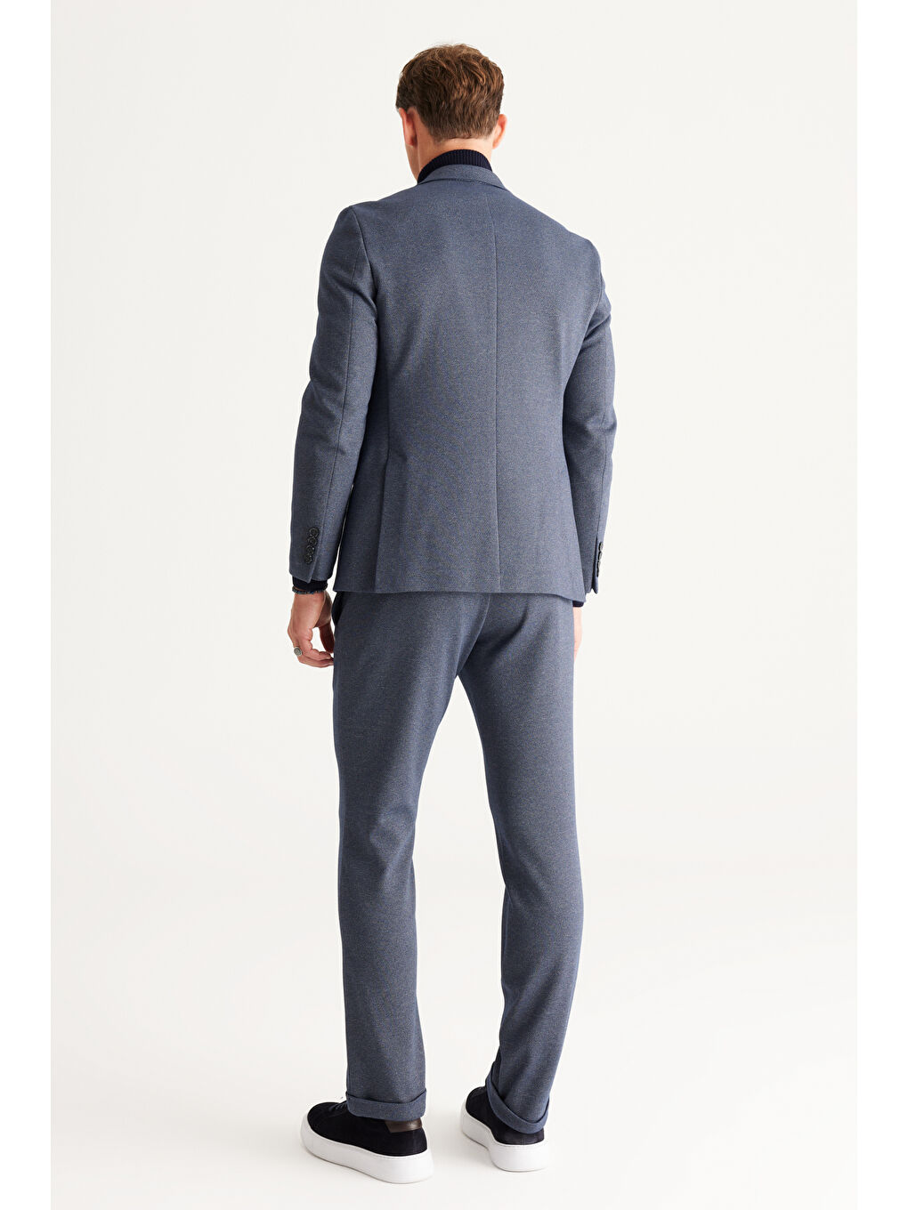 Erkek Lacivert-Gri Slim Fit Dar Kesim Kırlangıç Yaka Desenli Takım Elbise-7