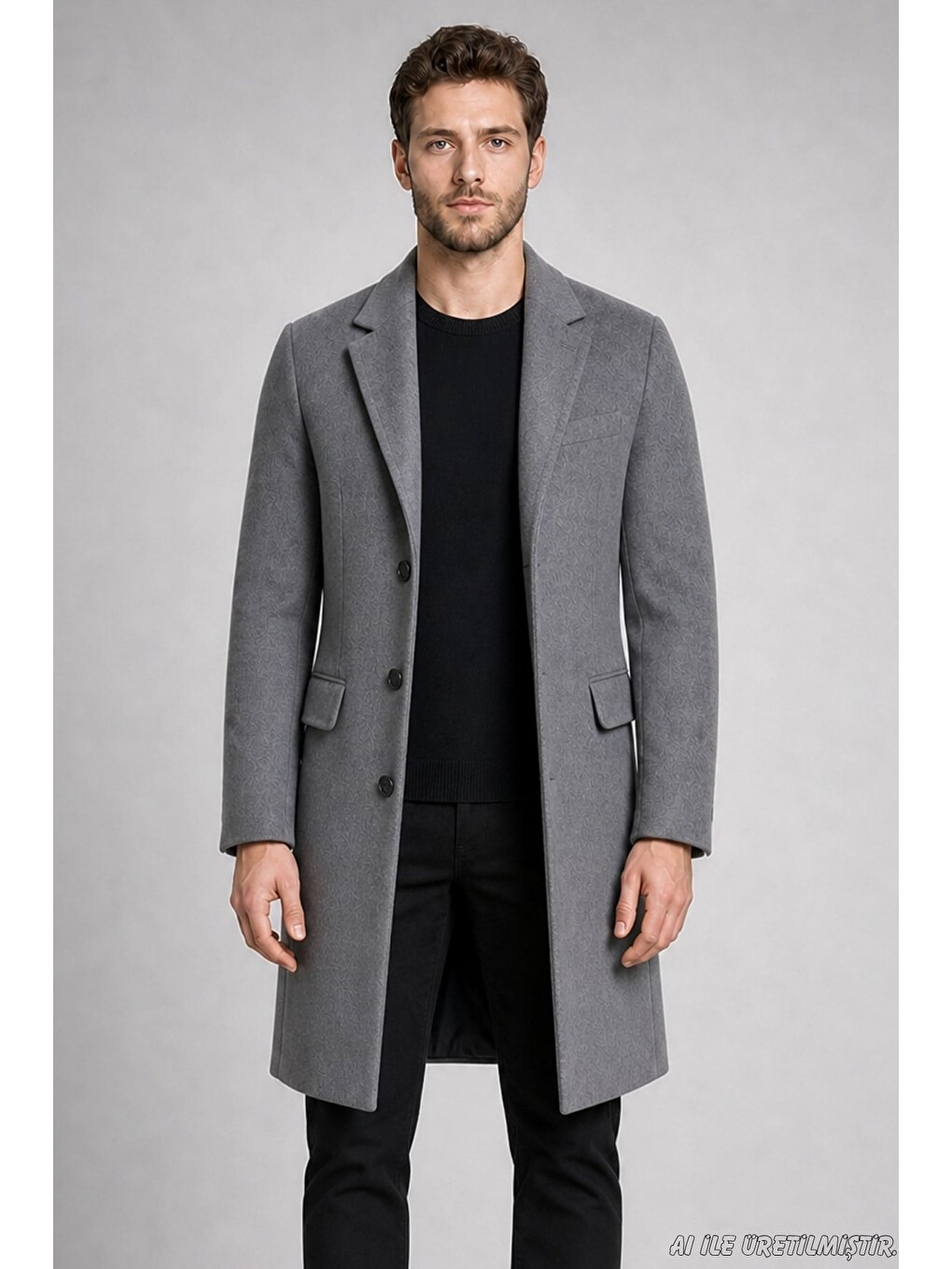 Antrasit Erkek Slim Fit Klasik Yaka 3 Düğmeli Uzun Kaşe Kaban-2