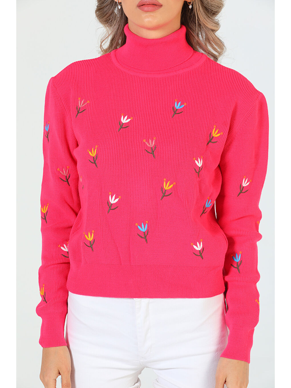 Fuşya Kadın Çiçek Nakışlı Balıkçı Yaka Triko Bluz-4