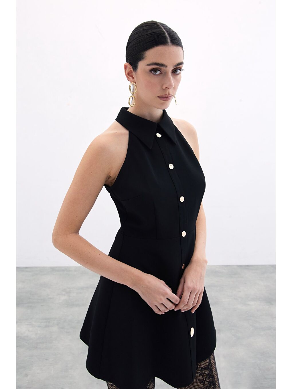 Çıtçıtlı Kısa Elbise - Siyah-2