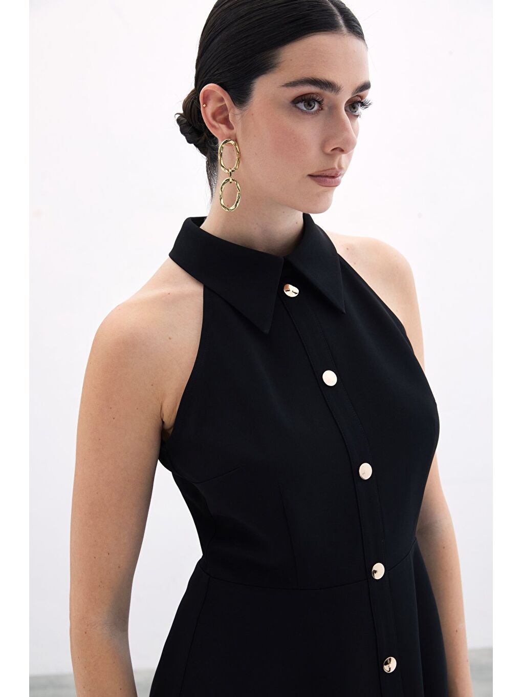 Çıtçıtlı Kısa Elbise - Siyah-4