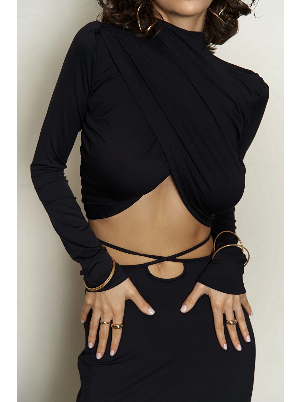 Kelsey İp Detay Siyah Crop Etek Takım-4