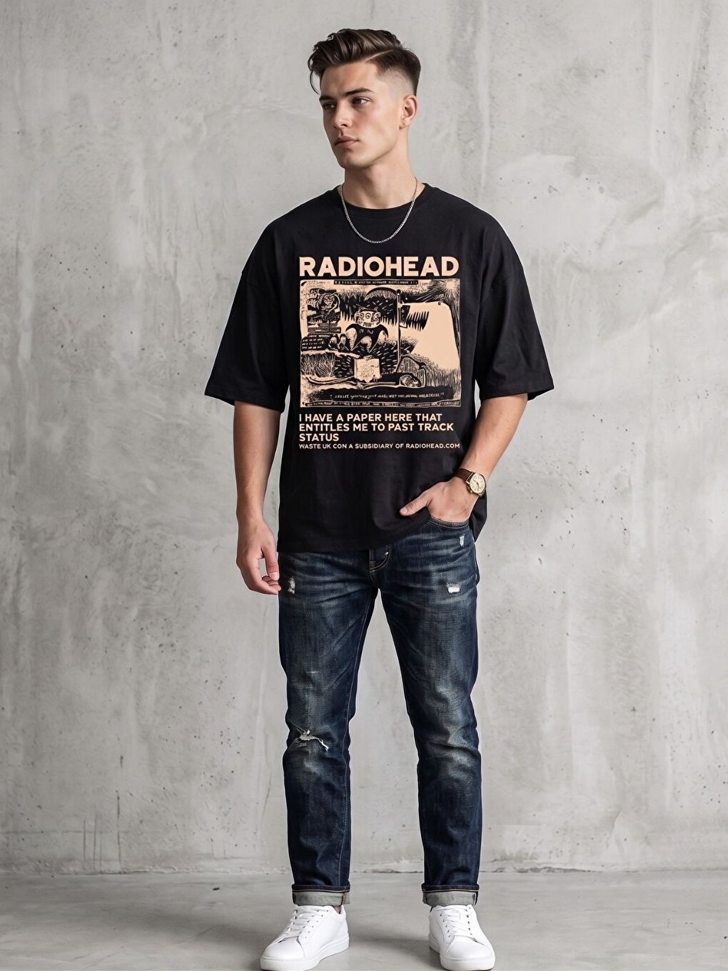 Erkek Siyah RadioHead Baskı Organik Pamuk Comfort Tişört