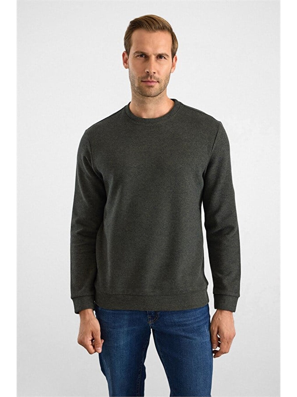 Haki Regular Düz Bisiklet Yaka Sweatshirt