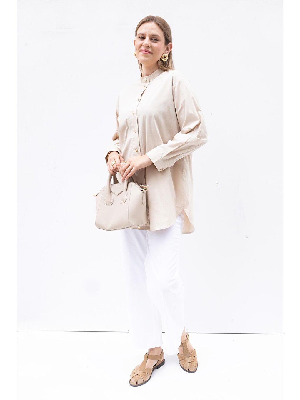 Bej-Gold Dügmeli Pamuklu Poplin Gömlek