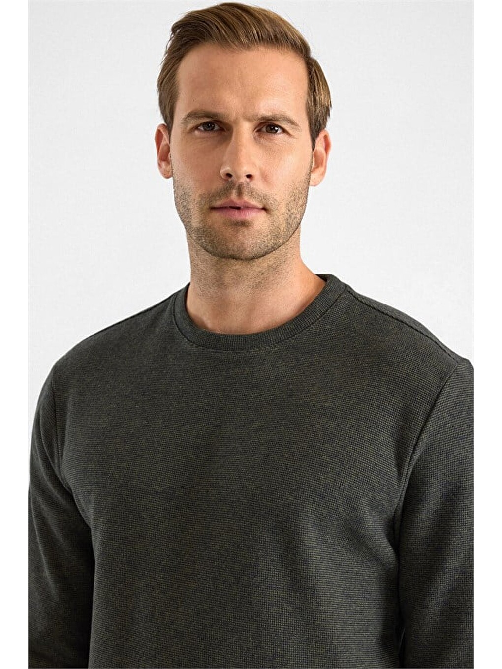 Haki Regular Düz Bisiklet Yaka Sweatshirt-1