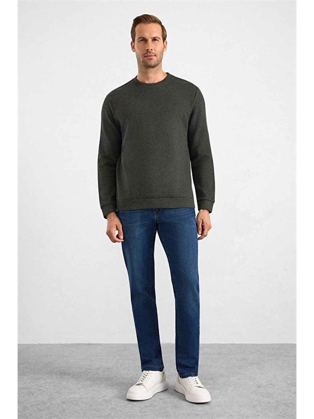 Haki Regular Düz Bisiklet Yaka Sweatshirt-2