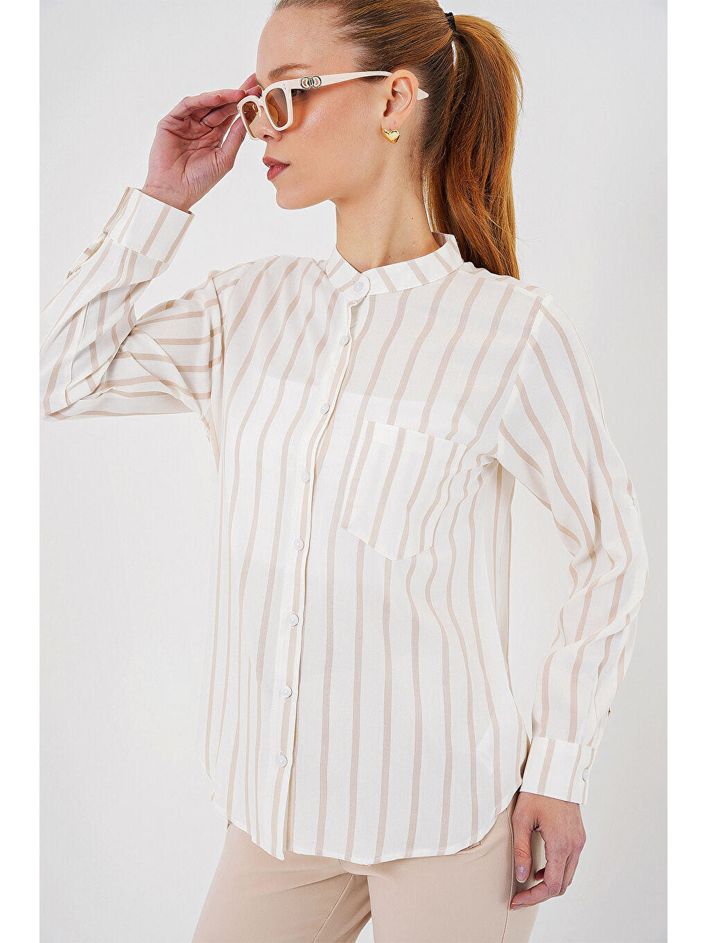 Kadın Uzun Kollu Çizgili Gömlek 20283 - Bej