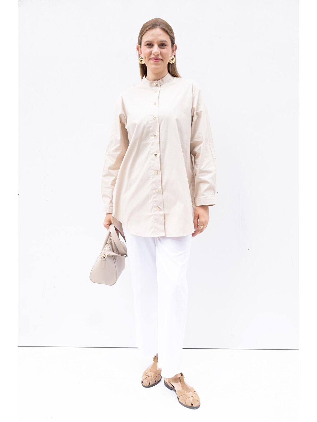 Bej-Gold Dügmeli Pamuklu Poplin Gömlek-1