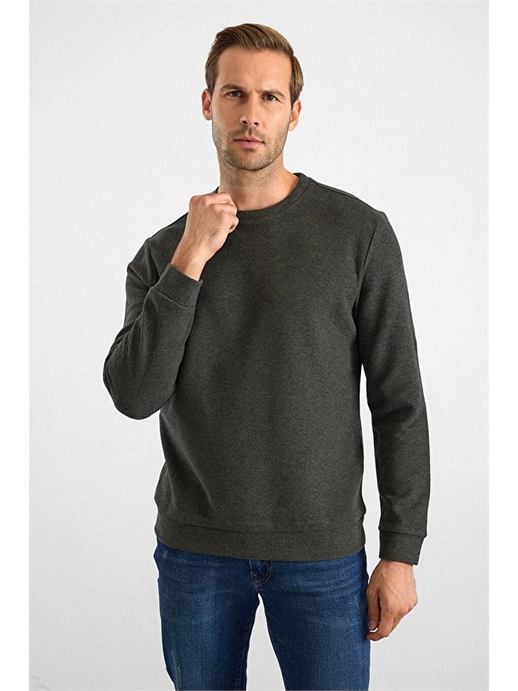Haki Regular Düz Bisiklet Yaka Sweatshirt-3