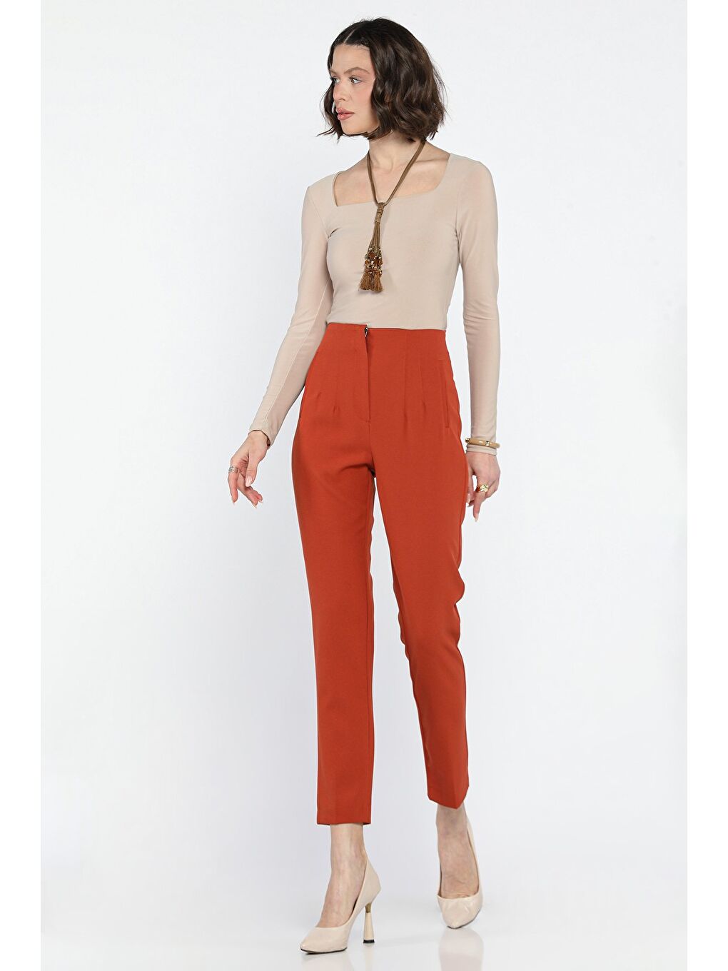 Kahverengi Kadın Boru Paça Pantolon-1