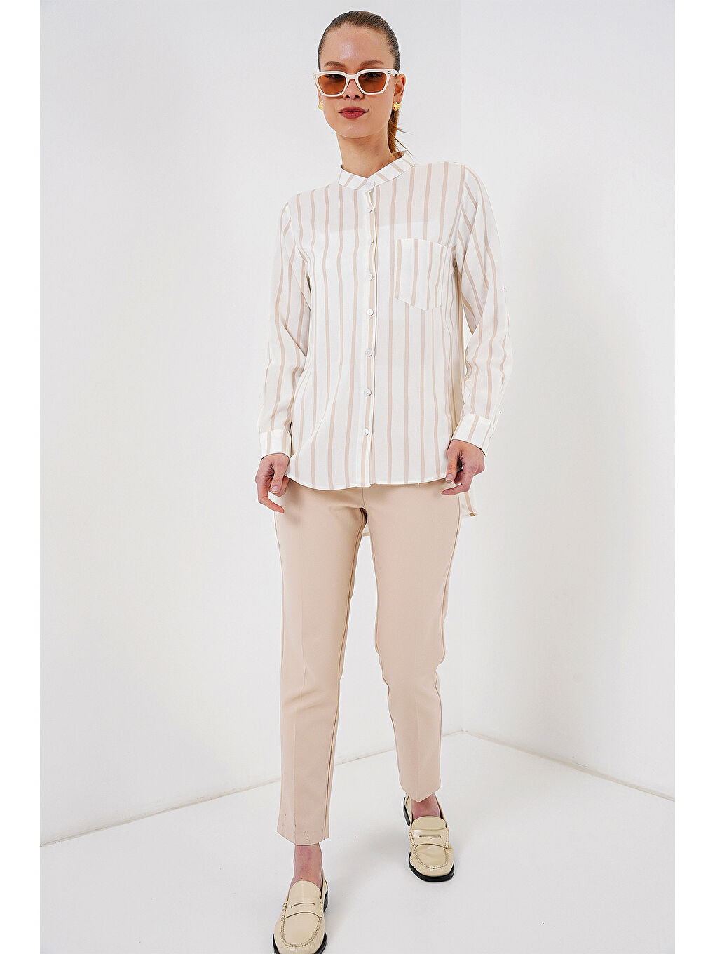 Kadın Uzun Kollu Çizgili Gömlek 20283 - Bej-1