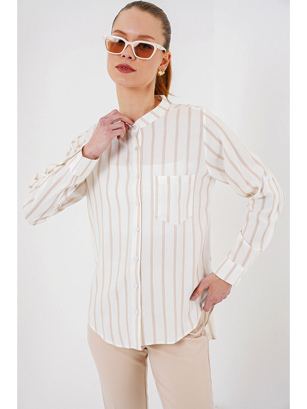 Kadın Uzun Kollu Çizgili Gömlek 20283 - Bej-2