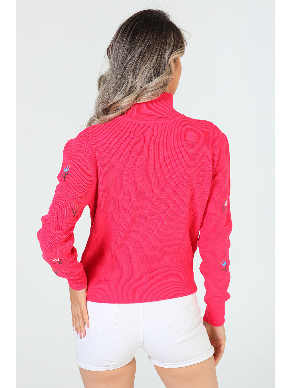 Fuşya Kadın Çiçek Nakışlı Balıkçı Yaka Triko Bluz-6