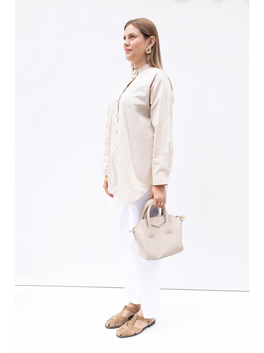 Bej-Gold Dügmeli Pamuklu Poplin Gömlek-2