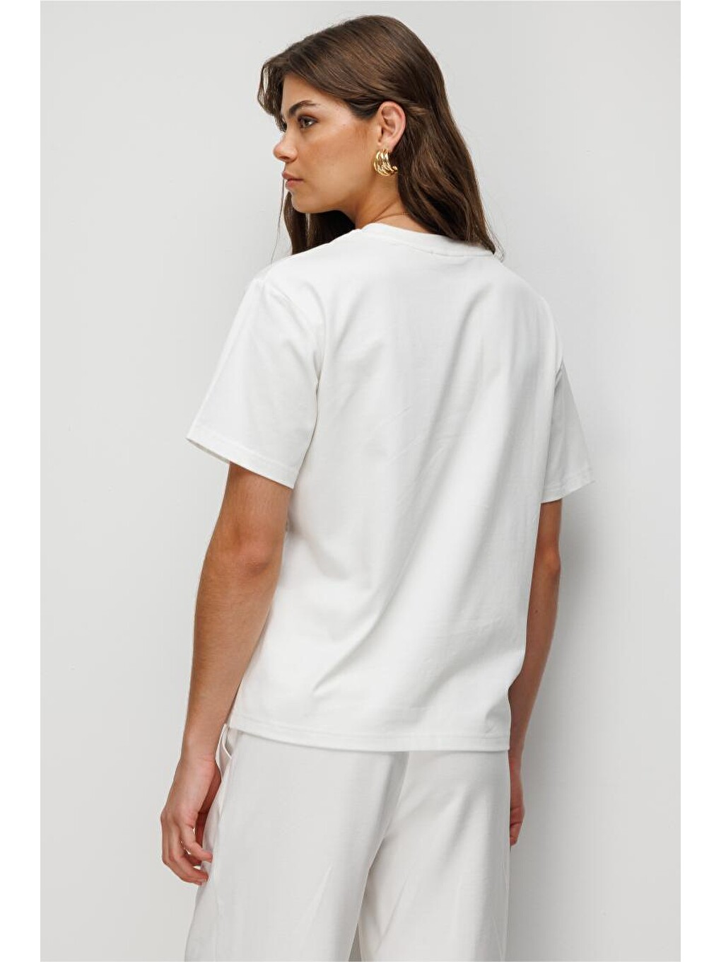 Basic Düz Suprem Ekru T-Shirt-4