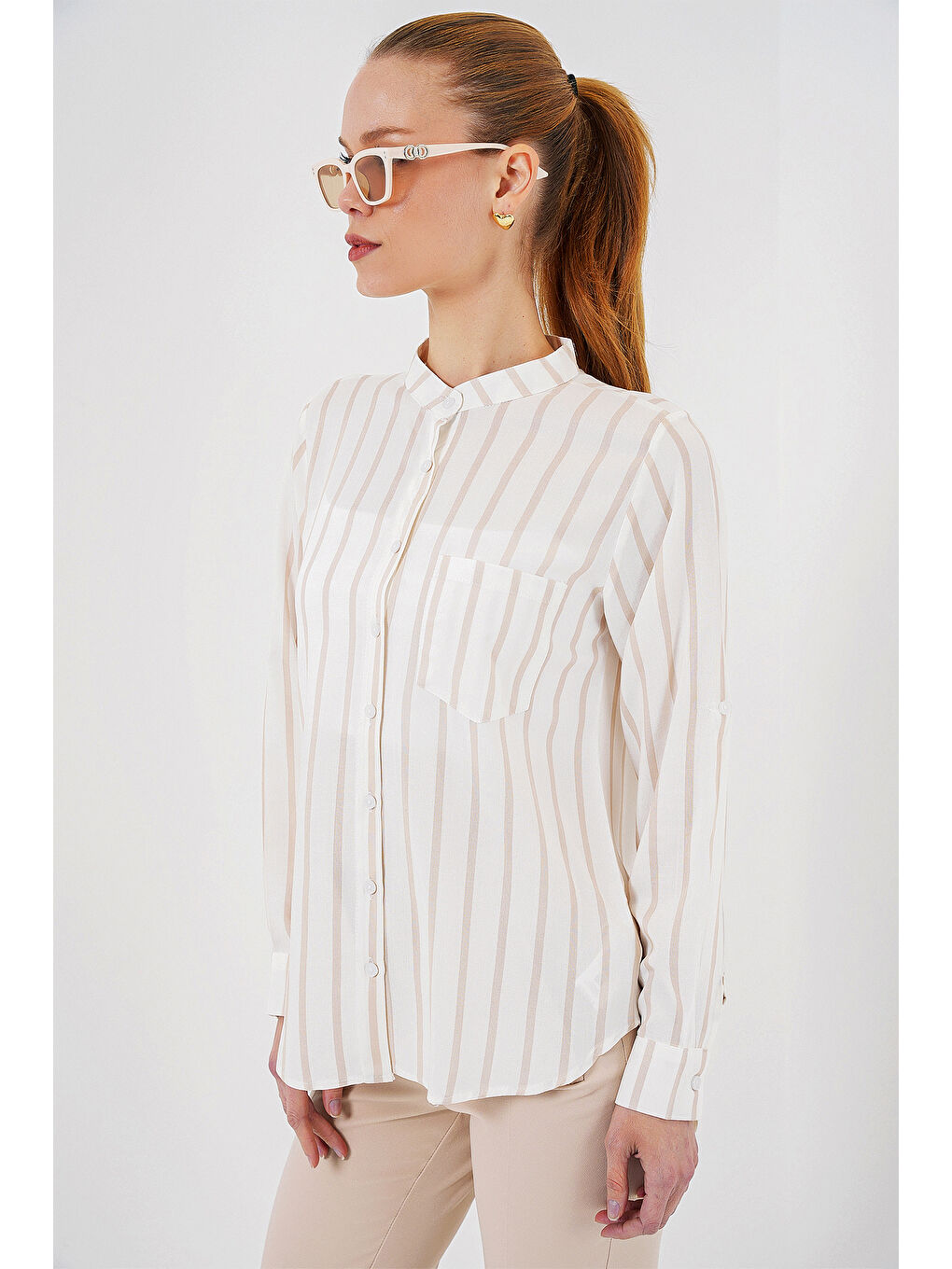 Kadın Uzun Kollu Çizgili Gömlek 20283 - Bej-3
