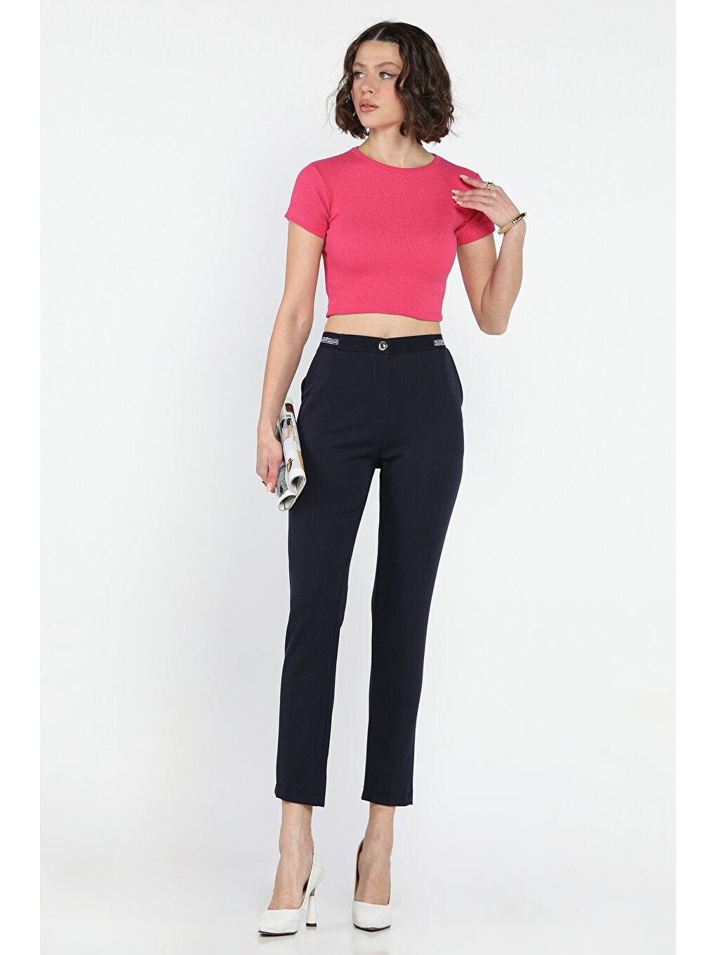 Lacivert Bel Lastikli Kadın Kumaş Pantolon