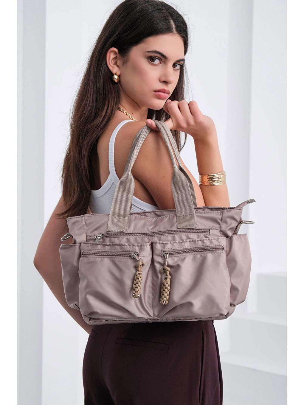 Bej Bones Çok Gözlü El Ve Omuz Çantası Vizon-4