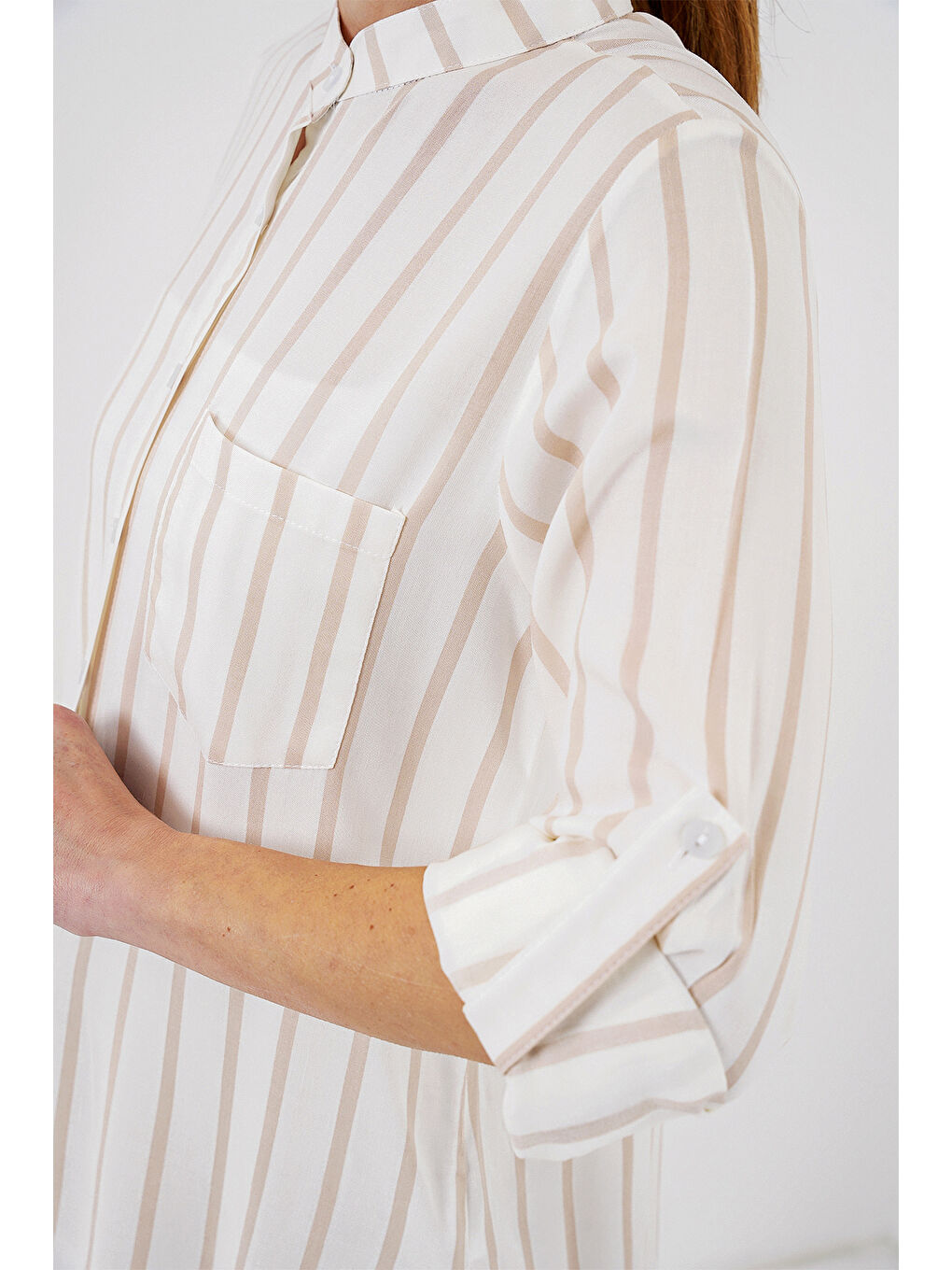 Kadın Uzun Kollu Çizgili Gömlek 20283 - Bej-4