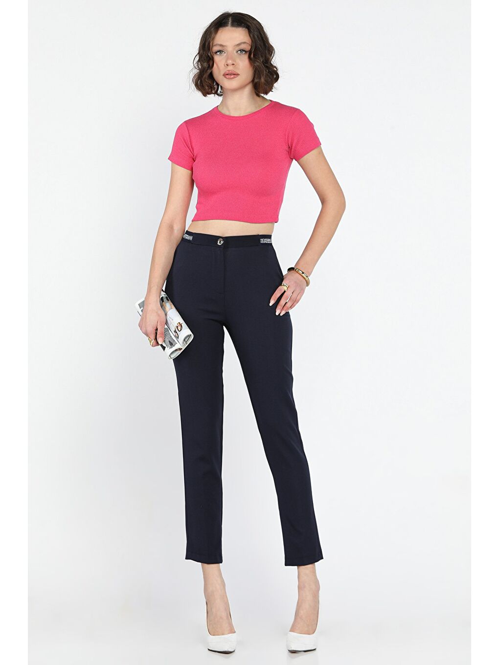 Lacivert Bel Lastikli Kadın Kumaş Pantolon-1