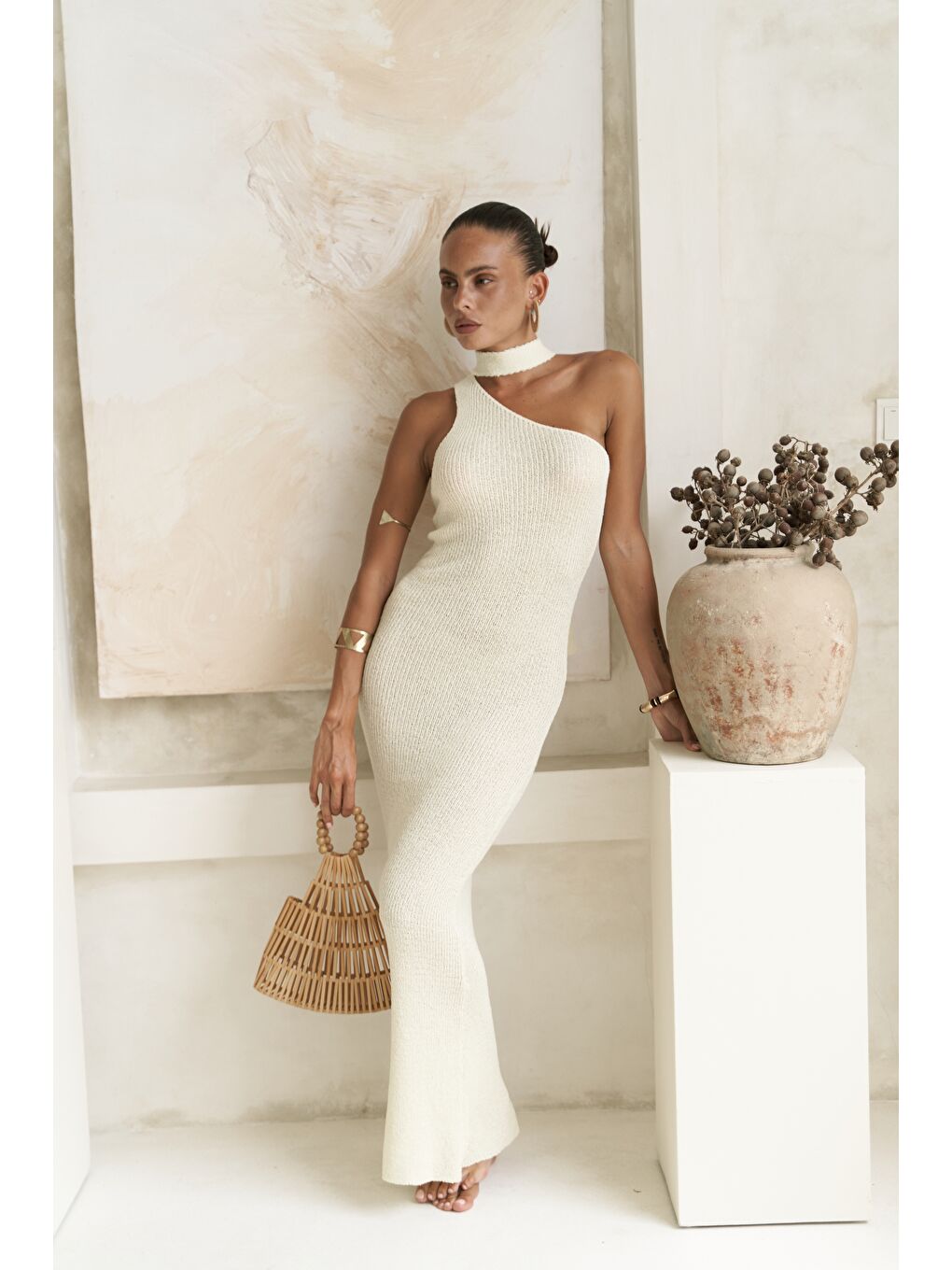 Kamalas Asimetrik Triko Sarı Uzun Elbise-1