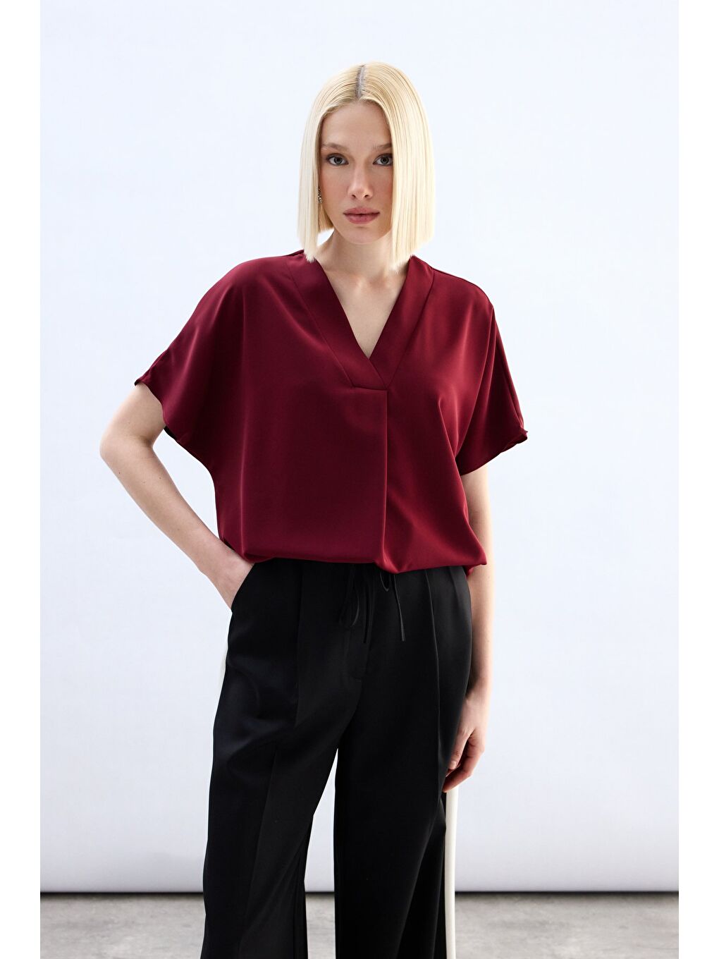 Geniş Kısa Kollu Bluz - Bordo-1