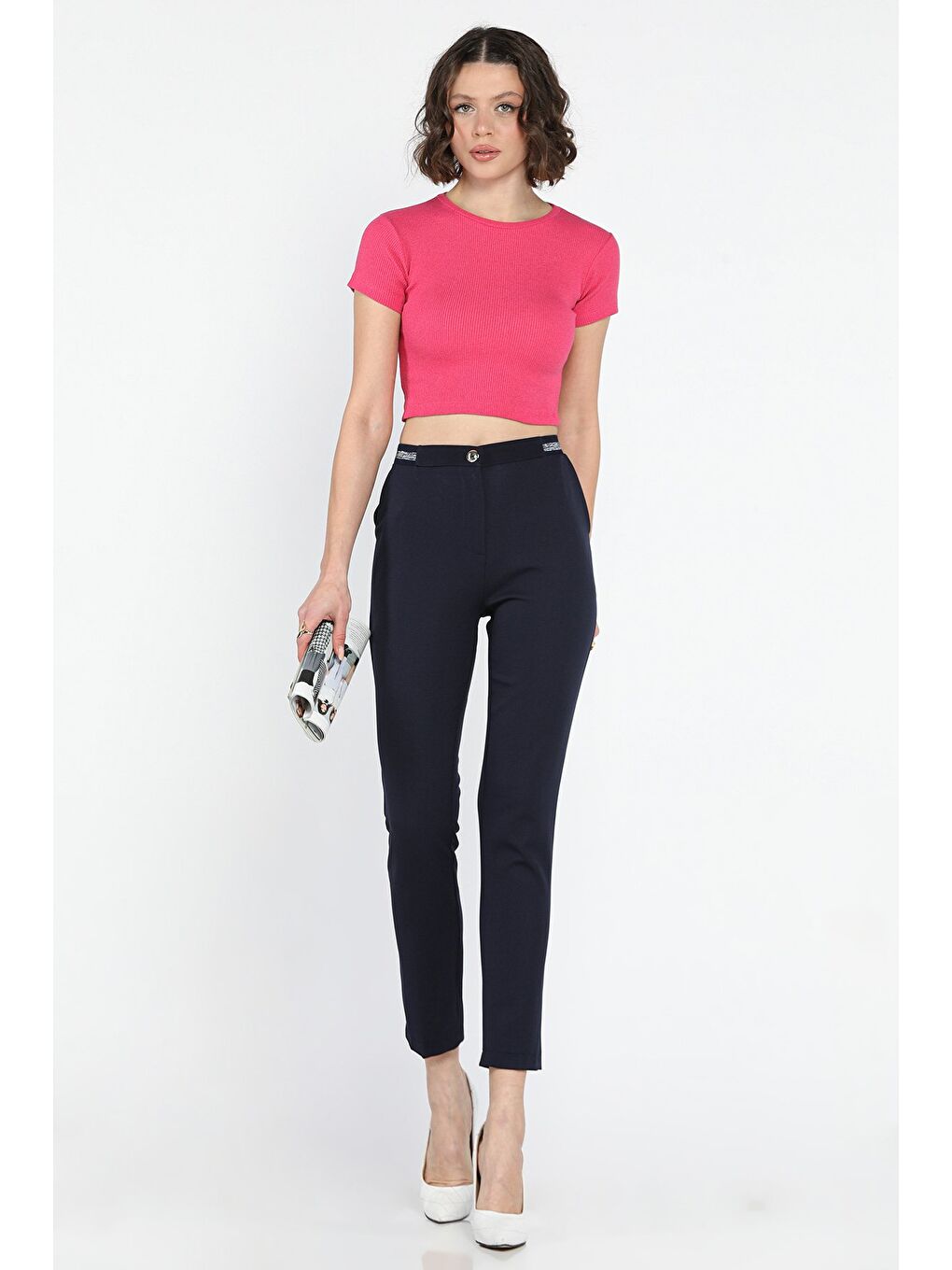 Lacivert Bel Lastikli Kadın Kumaş Pantolon-2