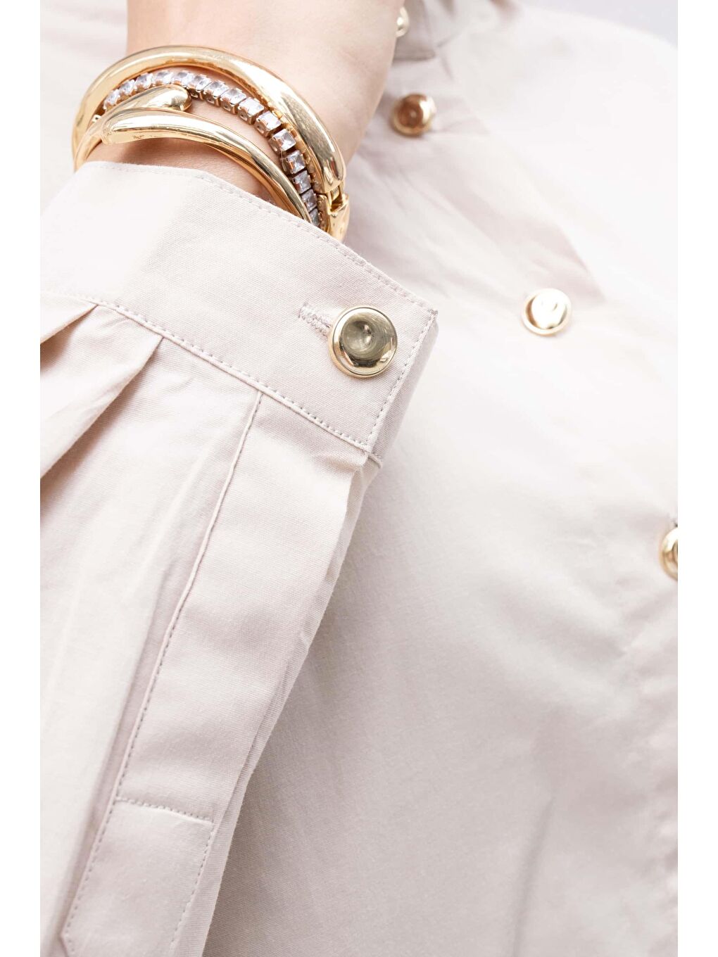 Bej-Gold Dügmeli Pamuklu Poplin Gömlek-4