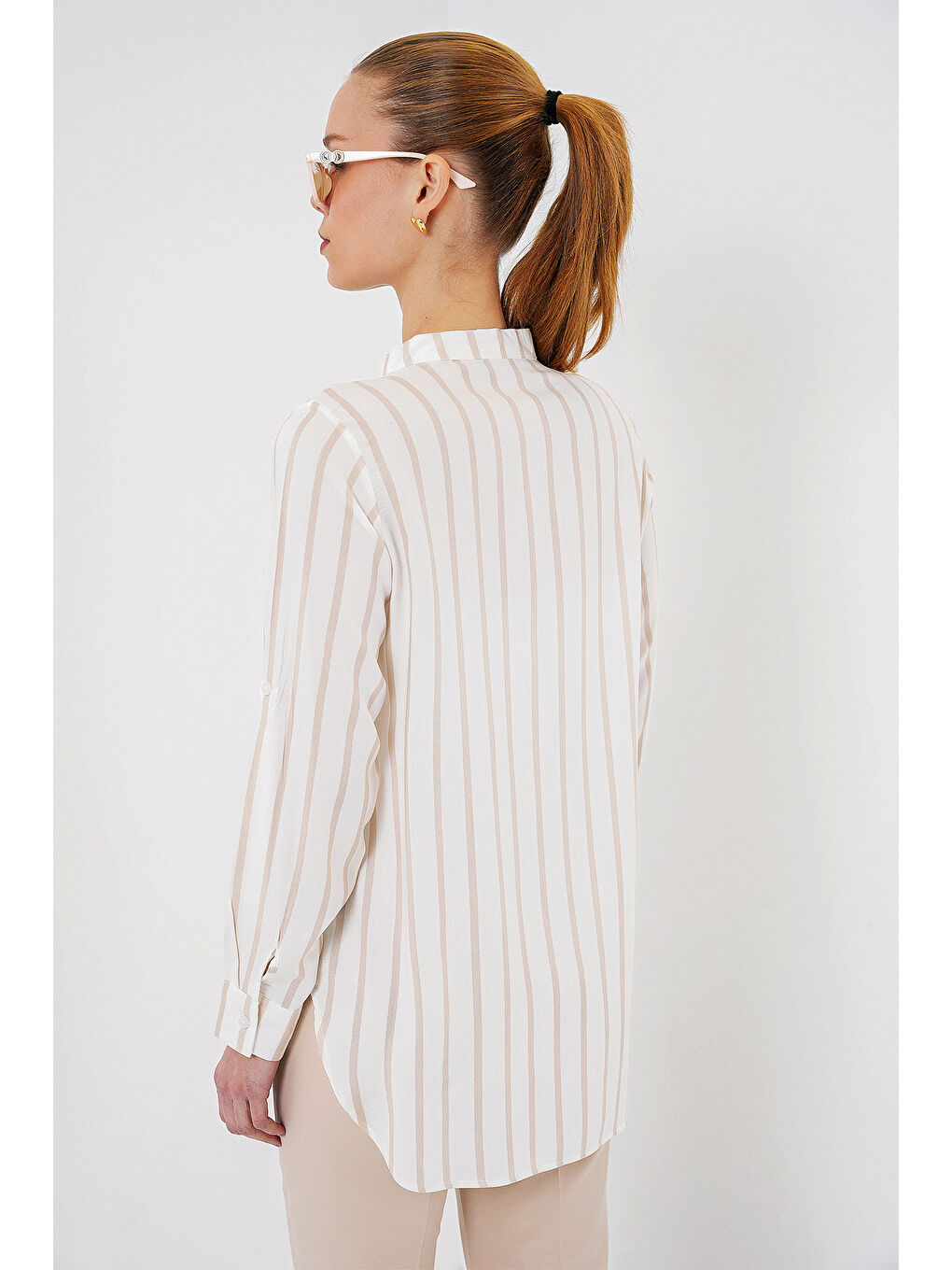 Kadın Uzun Kollu Çizgili Gömlek 20283 - Bej-5