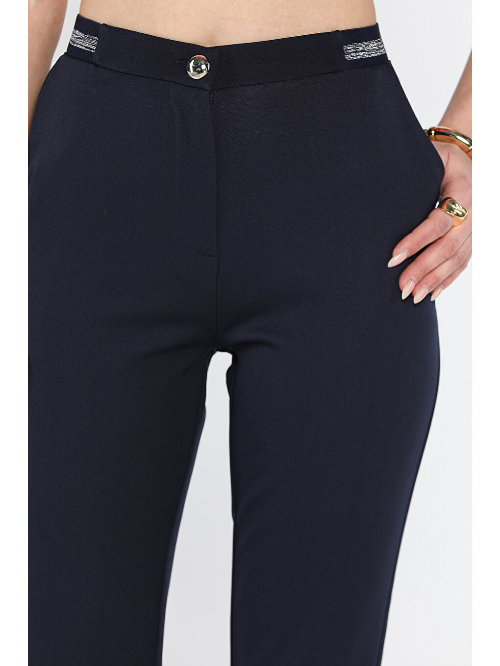 Lacivert Bel Lastikli Kadın Kumaş Pantolon-3