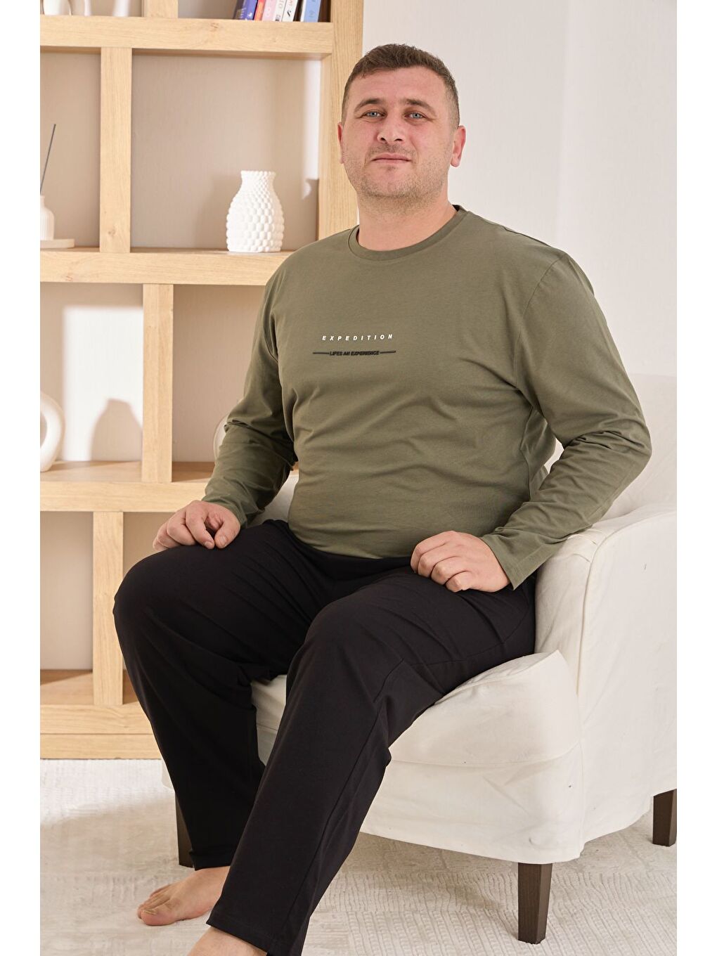 Haki Erkek %100 Pamuk Uzun Kollu Baskılı Battal Kaliteli Rahat Pijama Takımı-1