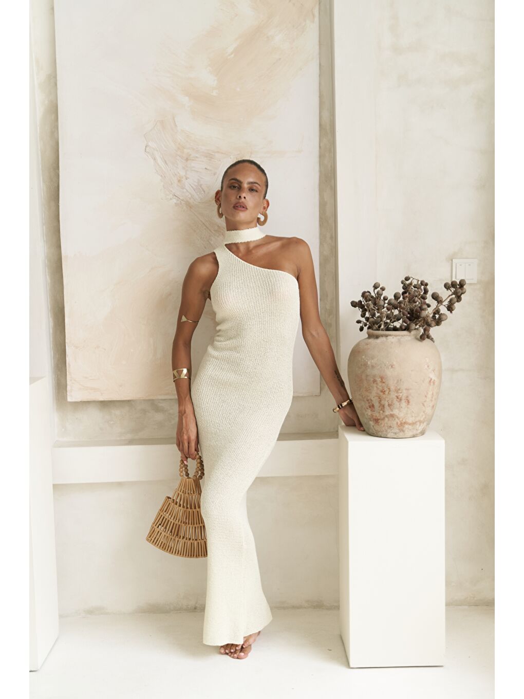 Kamalas Asimetrik Triko Sarı Uzun Elbise-2