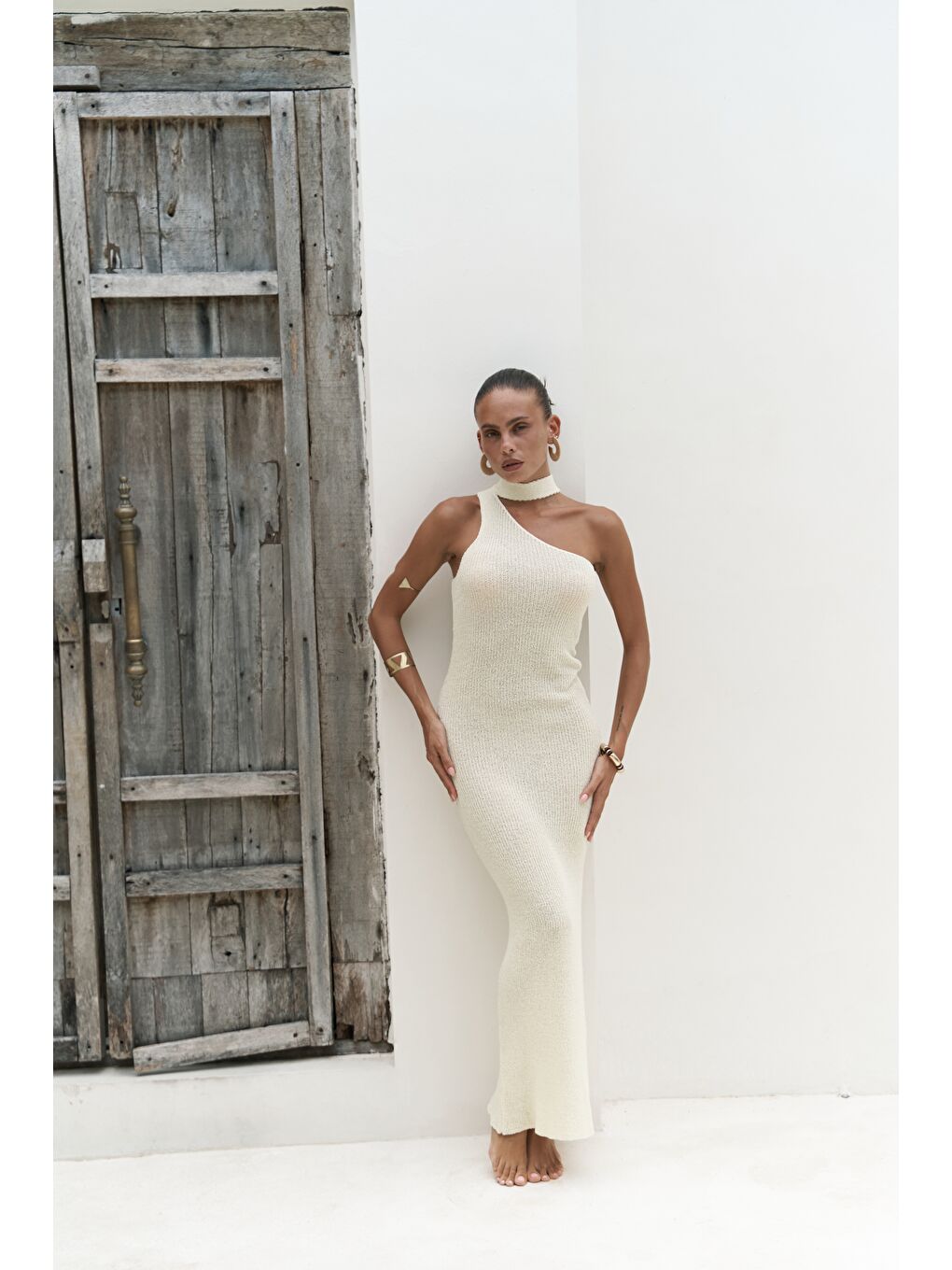 Kamalas Asimetrik Triko Sarı Uzun Elbise-3