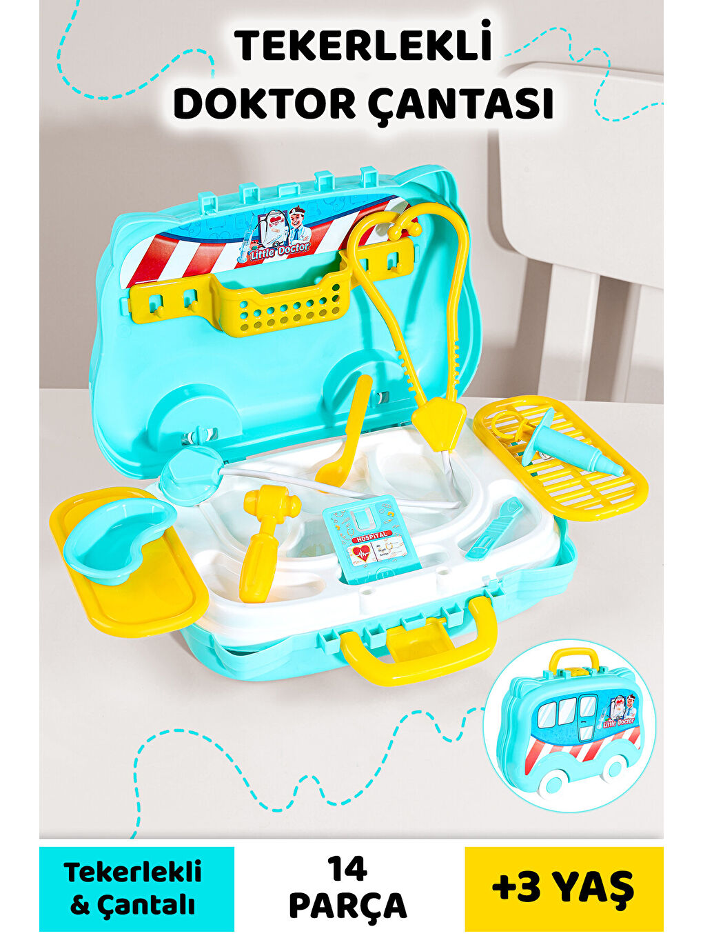 14 Parça Tekerlekli Oyuncak Doktor Seti - Çantalı Çocuk Hastane Meslek Oyunu Eğitici Öğretici Oyun