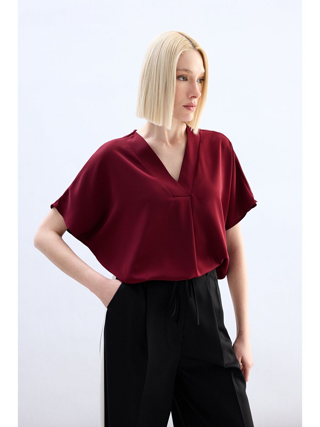 Geniş Kısa Kollu Bluz - Bordo-3