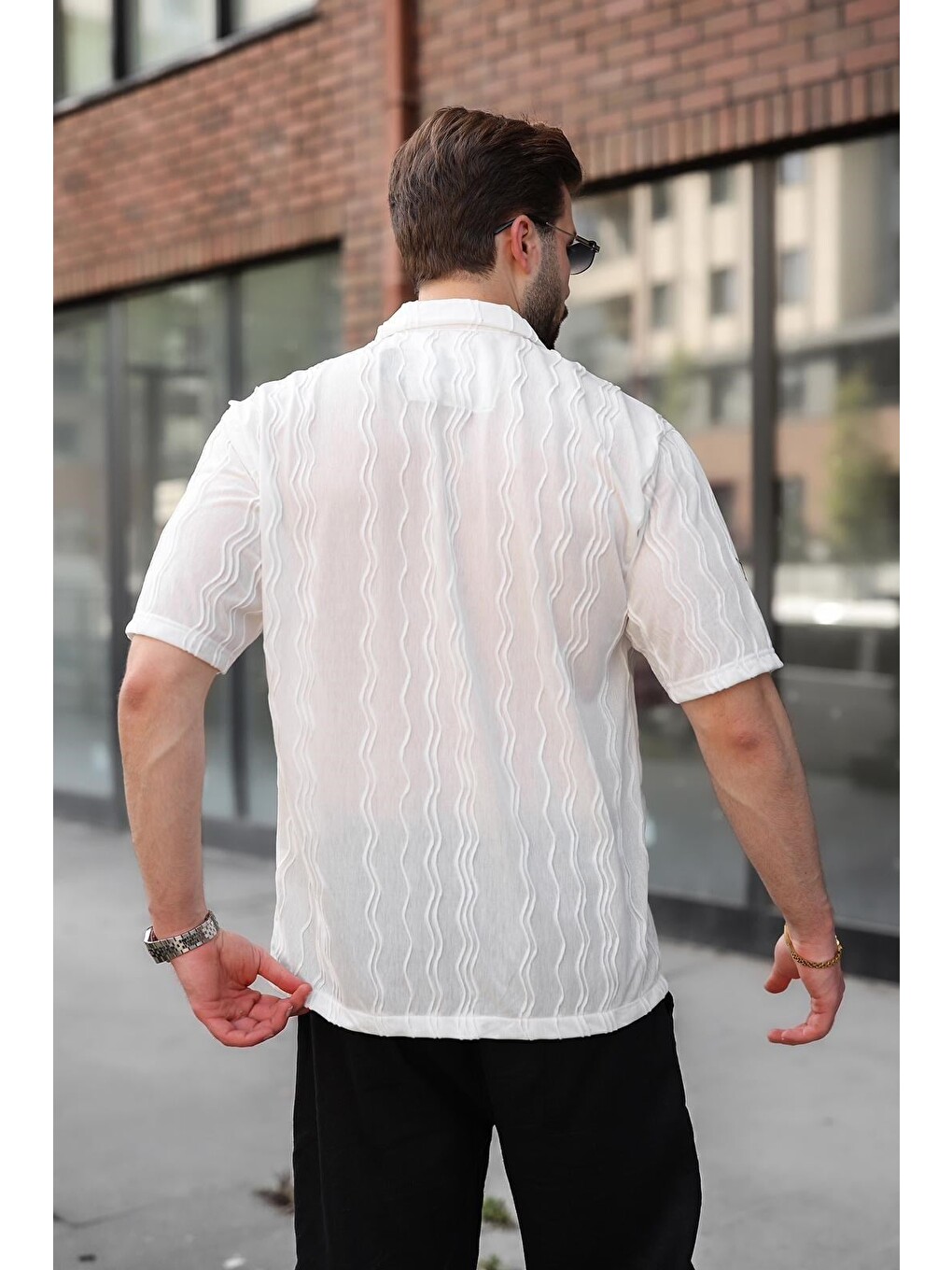 Beyaz Dalga Desenli Regular Fit Erkek Gömlek E6771-3