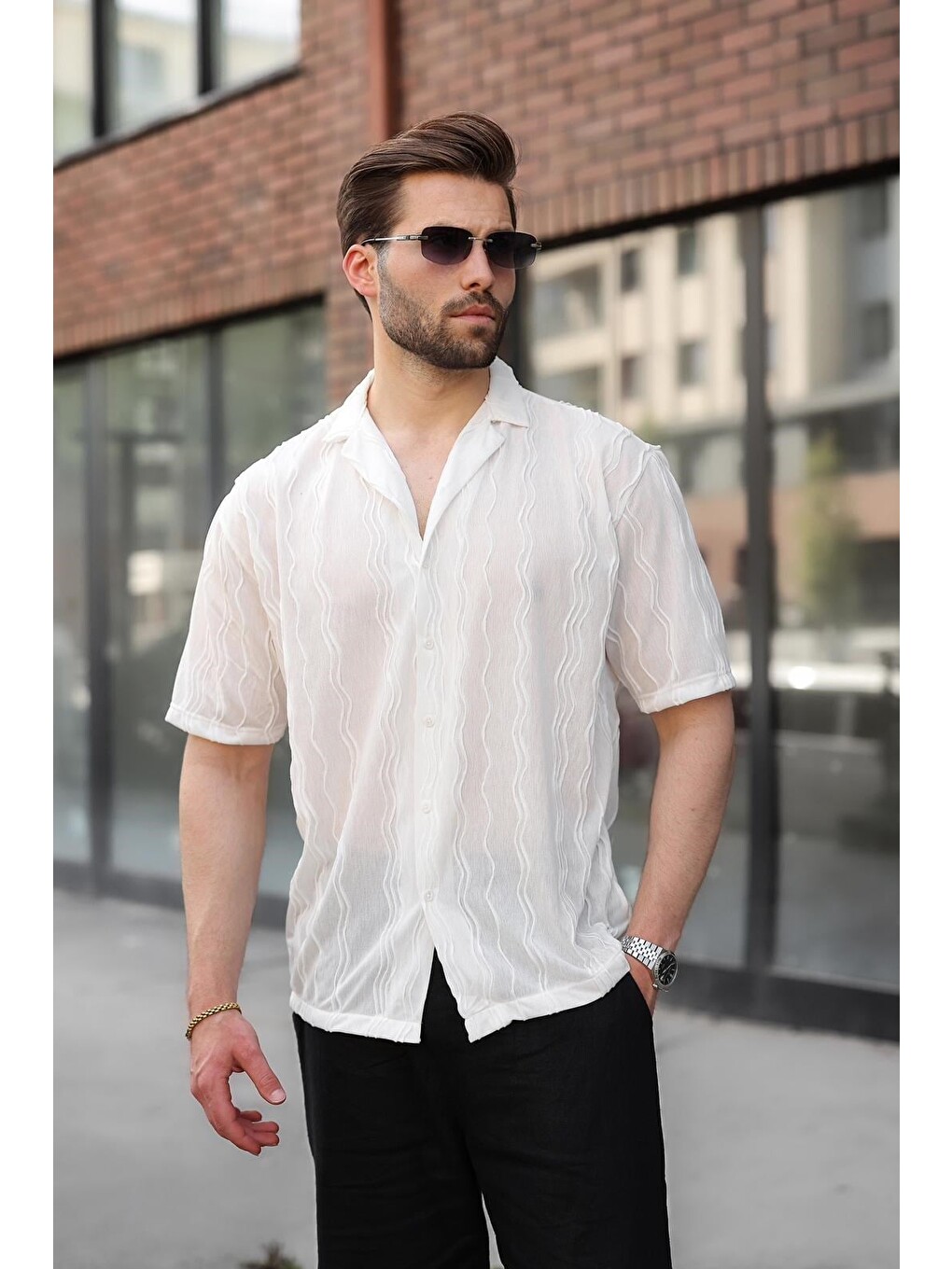 Beyaz Dalga Desenli Regular Fit Erkek Gömlek E6771-4