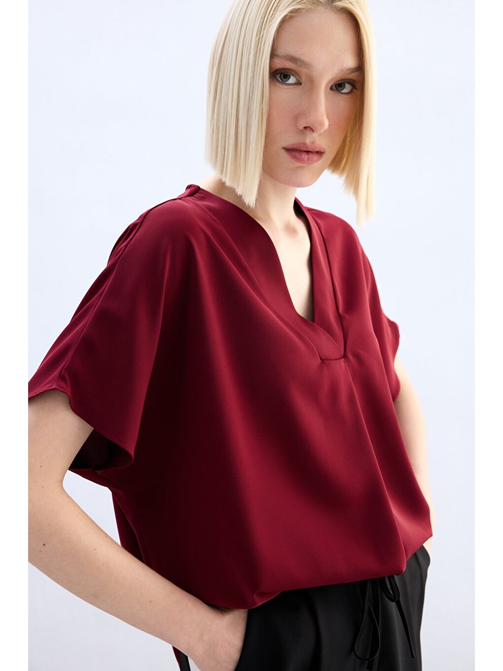 Geniş Kısa Kollu Bluz - Bordo-4