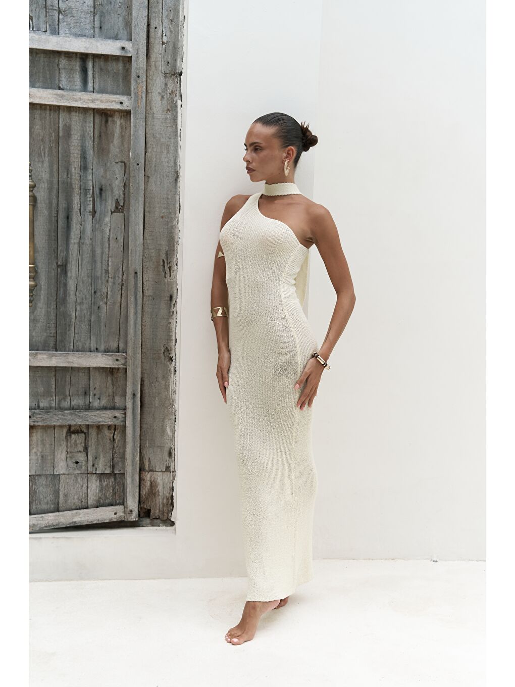 Kamalas Asimetrik Triko Sarı Uzun Elbise-4