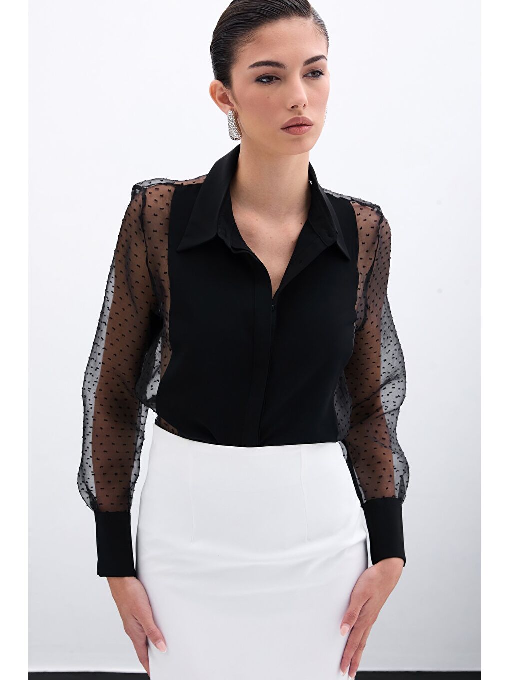 Organze Detaylı Gömlek - Siyah-2