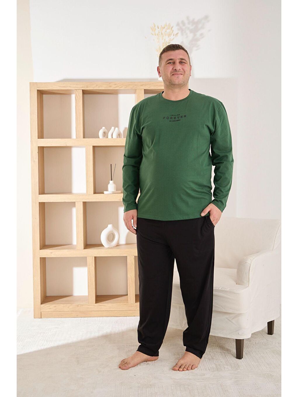 Yeşil Erkek %100 Pamuk Uzun Kollu Baskılı Battal Kaliteli Rahat Pijama Takımı