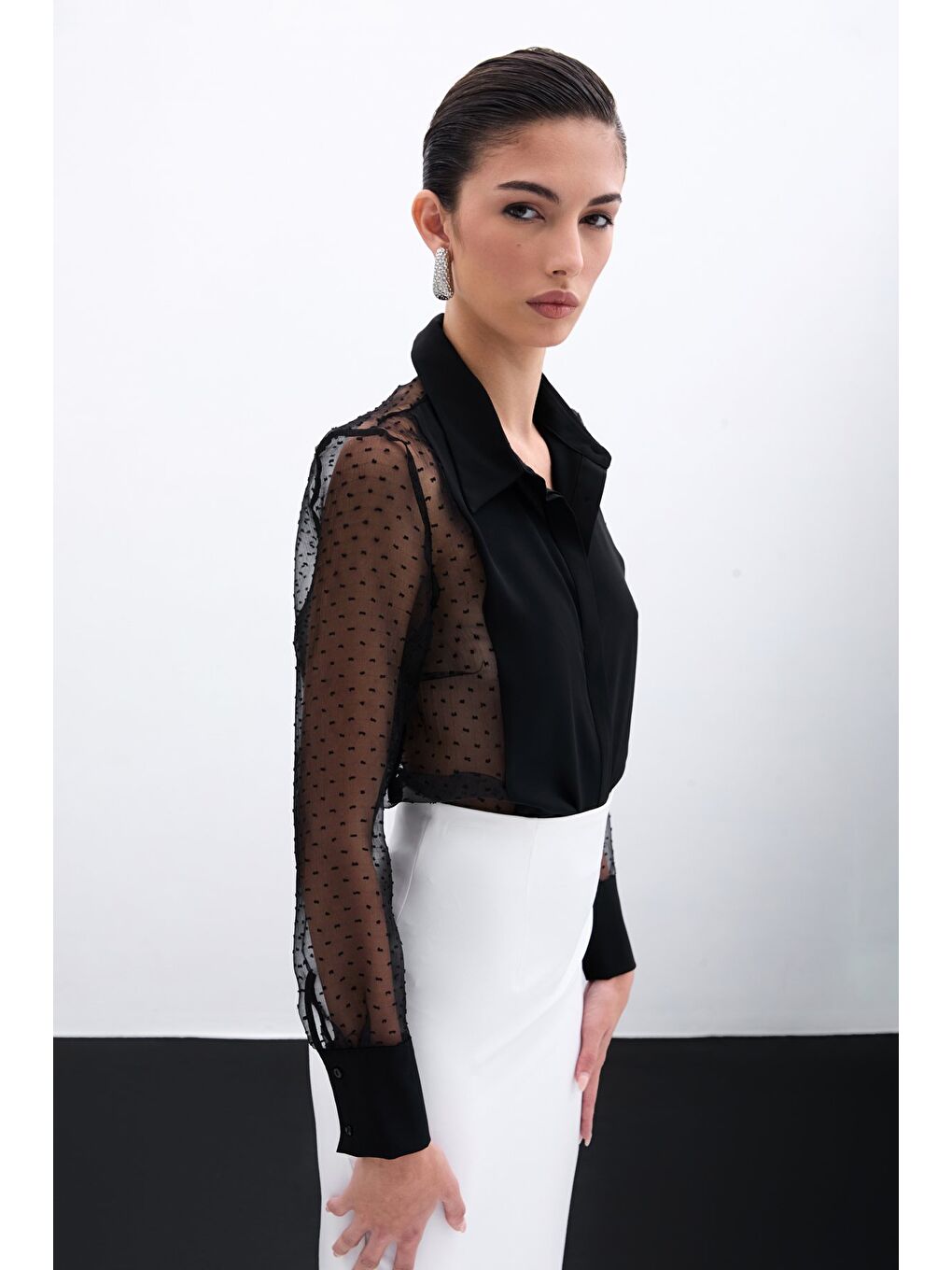 Organze Detaylı Gömlek - Siyah-3